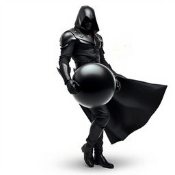 A man dressed entirely in black, featuring a sleek futuristic armor, black pants, black boots, and a long black coat