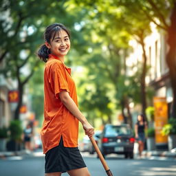 A young woman in a relaxed pose, wearing an orange shirt and black shorts, is casually sweeping the street
