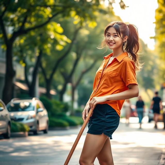 A young woman in a relaxed pose, wearing an orange shirt and black shorts, is casually sweeping the street