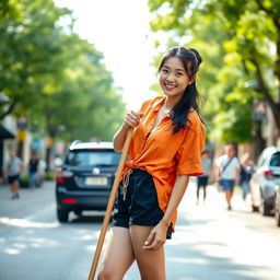 A young woman in a relaxed pose, wearing an orange shirt and black shorts, is casually sweeping the street