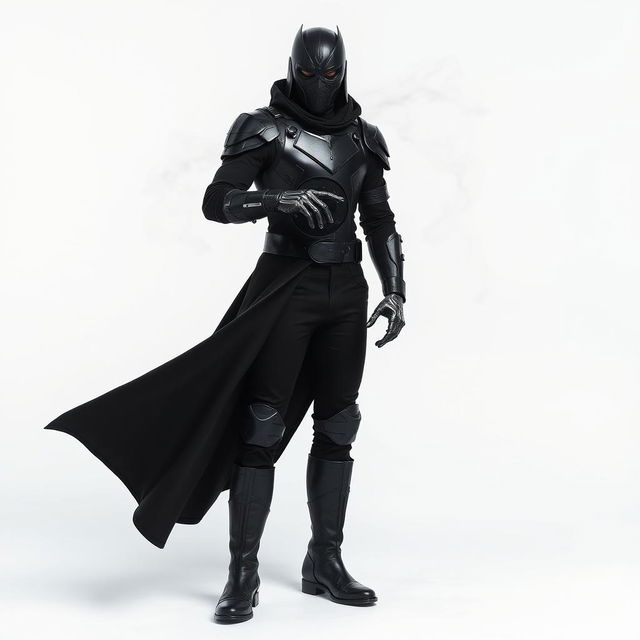 A man dressed entirely in black, featuring a sleek futuristic armor, black pants, black boots, and a long black coat