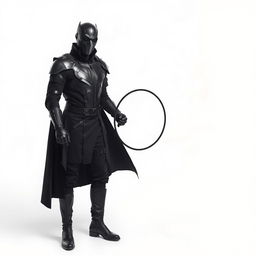 A man dressed entirely in black, featuring a sleek futuristic armor, black pants, black boots, and a long black coat