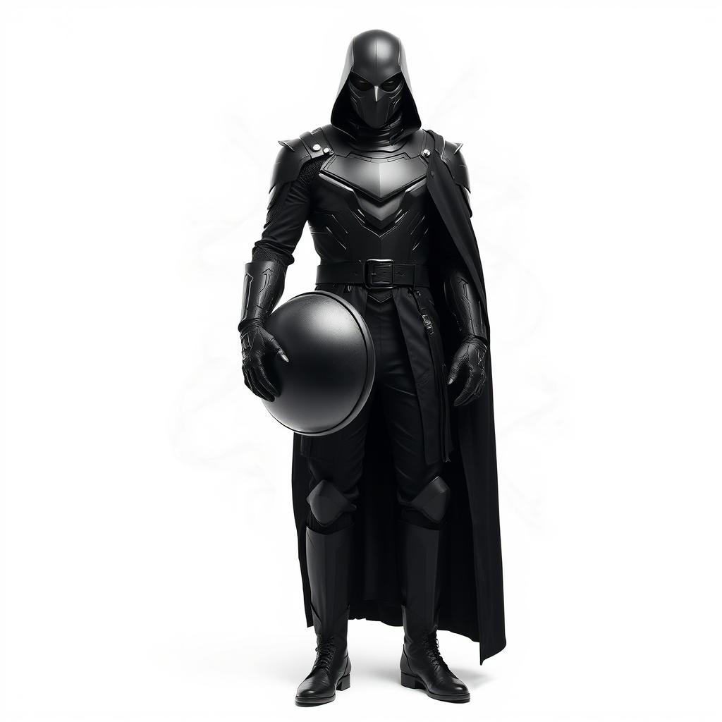 A man dressed entirely in black, featuring a sleek futuristic armor, black pants, black boots, and a long black coat