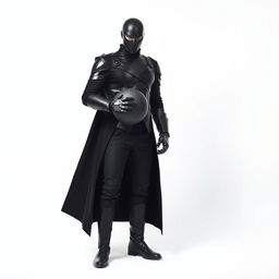 A man dressed entirely in black, featuring a sleek futuristic armor, black pants, black boots, and a long black coat