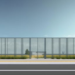 front view of gauze perimeter fence by paved road of futuristic maximum-security penitentiary with cameras in broad daylight based on https://files.dreamhome.software/files/static/37174