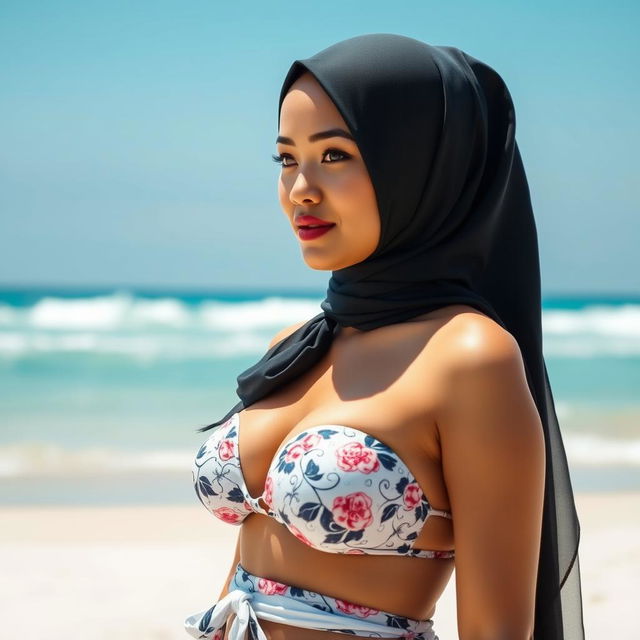 A stunning Malay woman wearing a stylish hijab, looking elegant and confident