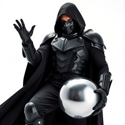 A DJ man dressed entirely in black, featuring futuristic armor, black pants, black boots, and a long black coat