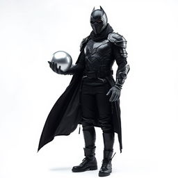 A DJ man dressed entirely in black, featuring futuristic armor, black pants, black boots, and a long black coat