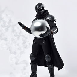 A DJ man dressed entirely in black, featuring futuristic armor, black pants, black boots, and a long black coat