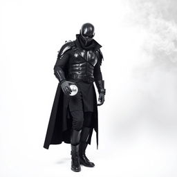 A DJ man dressed entirely in black, featuring futuristic armor, black pants, black boots, and a long black coat