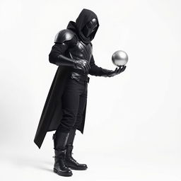 A DJ man dressed entirely in black, featuring futuristic armor, black pants, black boots, and a long black coat