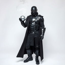 A DJ man dressed entirely in black, featuring futuristic armor, black pants, black boots, and a long black coat