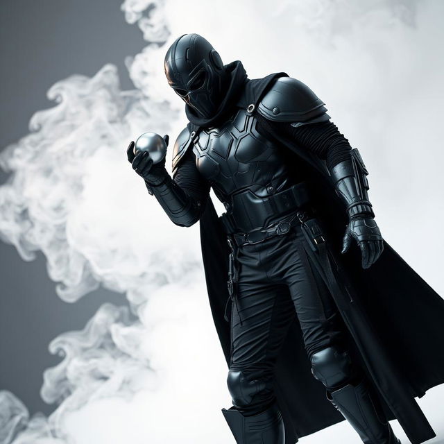 A DJ man dressed entirely in black, featuring futuristic armor, black pants, black boots, and a long black coat