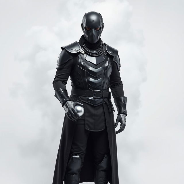 A DJ man dressed entirely in black, featuring futuristic armor, black pants, black boots, and a long black coat