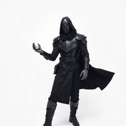 A DJ man dressed entirely in black, featuring futuristic armor, black pants, black boots, and a long black coat