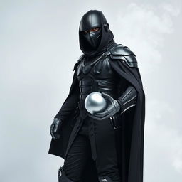 A DJ man dressed entirely in black, featuring futuristic armor, black pants, black boots, and a long black coat