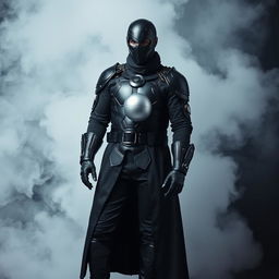 A DJ man dressed entirely in black, featuring futuristic armor, black pants, black boots, and a long black coat