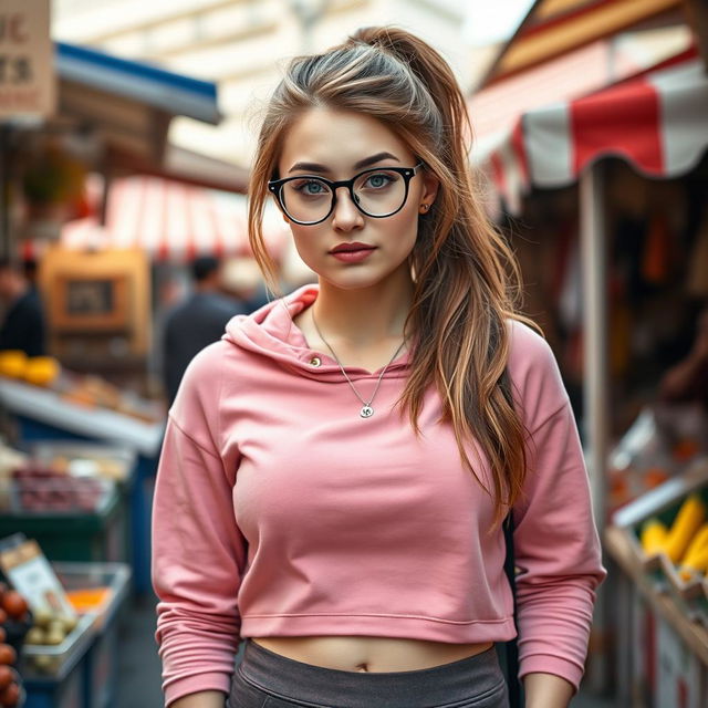 A full-body portrait of a 28-year-old woman with long, messy light brown hair styled in a ponytail