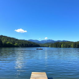 A serene landscape featuring a tranquil lake surrounded by lush green forests under a bright blue sky