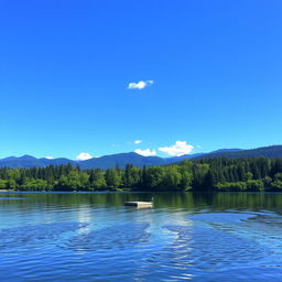 A serene landscape featuring a tranquil lake surrounded by lush green forests under a bright blue sky