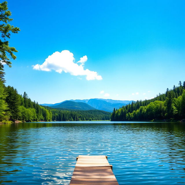 A serene landscape featuring a tranquil lake surrounded by lush green forests under a bright blue sky