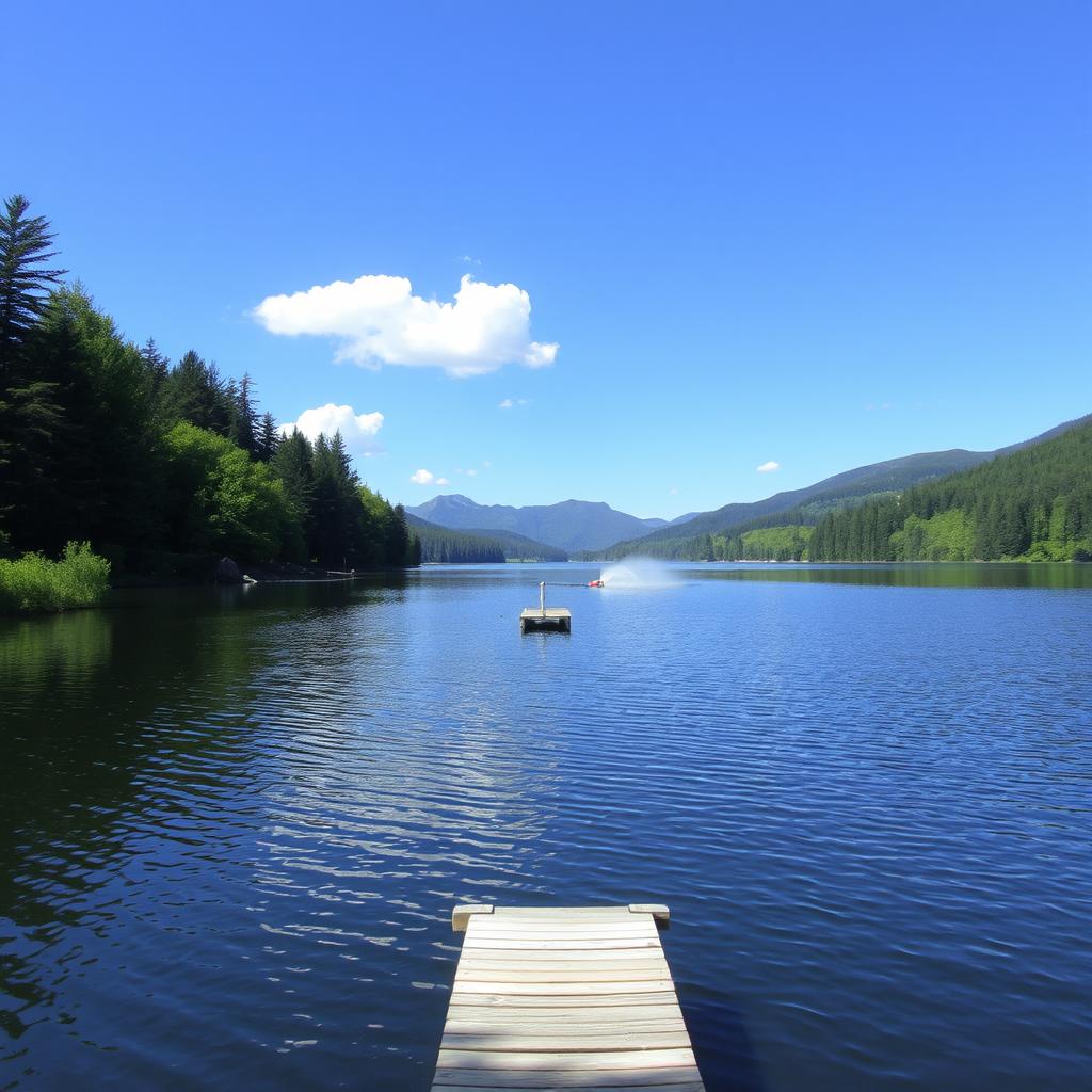 A serene landscape featuring a tranquil lake surrounded by lush green forests under a bright blue sky