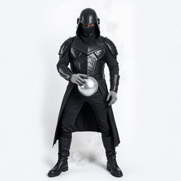 A DJ man dressed entirely in black, featuring futuristic armor, black pants, black boots, and a long black coat