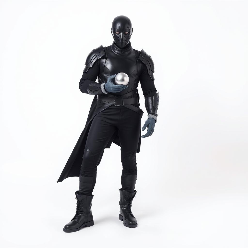 A DJ man dressed entirely in black, featuring futuristic armor, black pants, black boots, and a long black coat