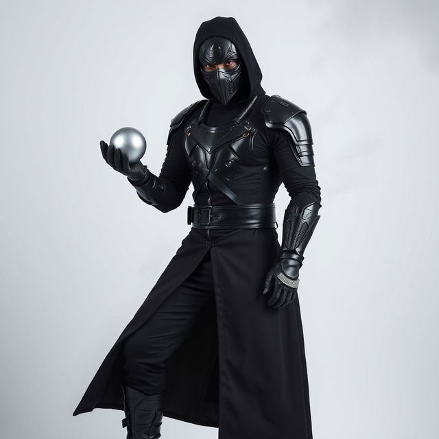 A DJ man dressed entirely in black, featuring futuristic armor, black pants, black boots, and a long black coat