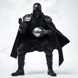 A DJ man dressed entirely in black, featuring futuristic armor, black pants, black boots, and a long black coat