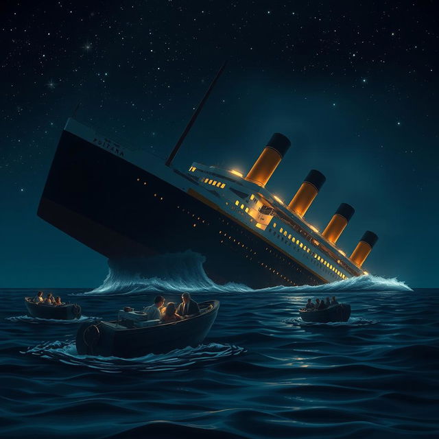 A somber yet artistic depiction of the Titanic sinking into the ocean at night