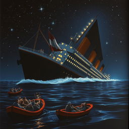 A somber yet artistic depiction of the Titanic sinking into the ocean at night