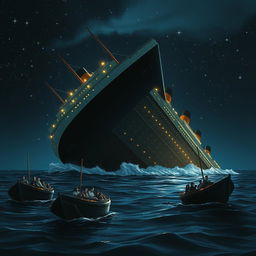 A somber yet artistic depiction of the Titanic sinking into the ocean at night