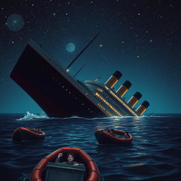 A somber yet artistic depiction of the Titanic sinking into the ocean at night