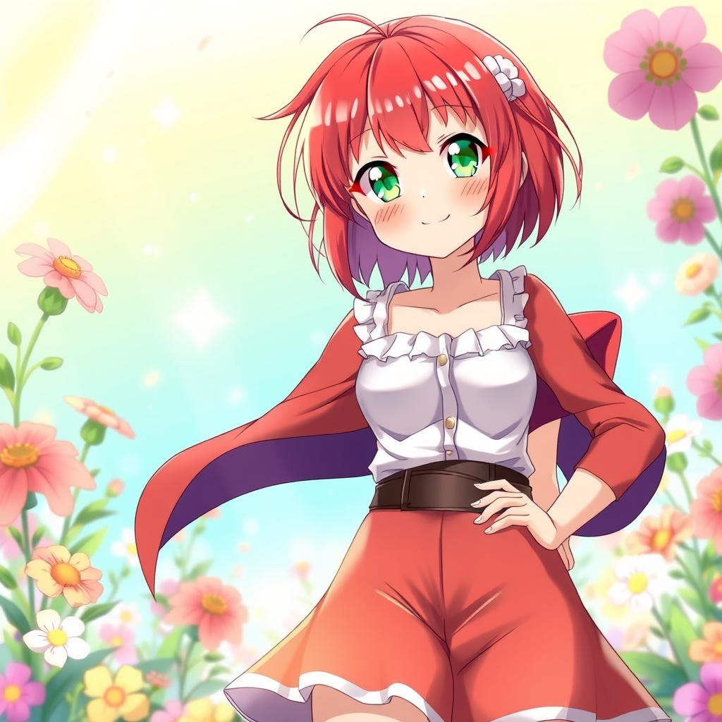 A full-body anime girl with short red hair and vibrant green eyes, wearing a stylish outfit that reflects her lively personality