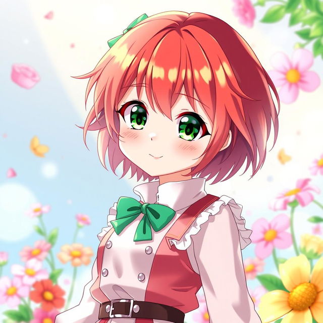 A full-body anime girl with short red hair and vibrant green eyes, wearing a stylish outfit that reflects her lively personality