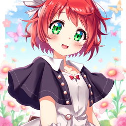 A full-body anime girl with short red hair and vibrant green eyes, wearing a stylish outfit that reflects her lively personality