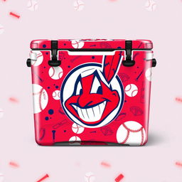 A vibrant and colorful skin design for a sports cooler featuring the Cleveland Indians' Chief Wahoo logo
