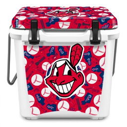 A vibrant and colorful skin design for a sports cooler featuring the Cleveland Indians' Chief Wahoo logo