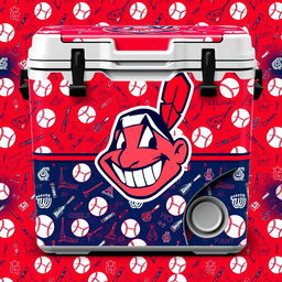 A vibrant and colorful skin design for a sports cooler featuring the Cleveland Indians' Chief Wahoo logo