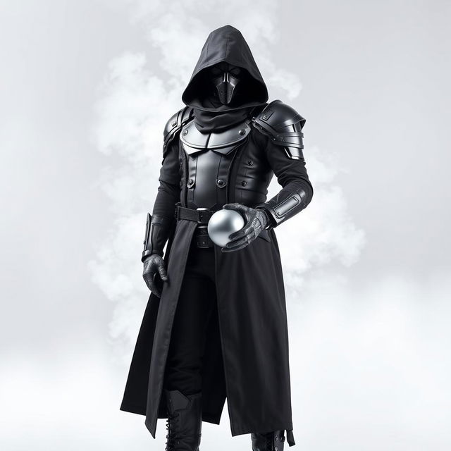 A DJ man dressed entirely in black, featuring futuristic armor, black pants, black boots, and a long black coat