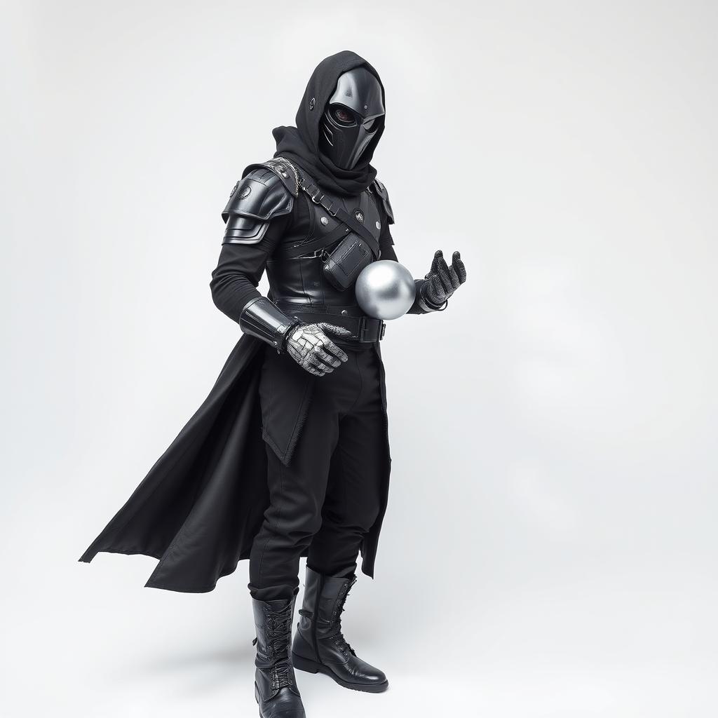 A DJ man dressed entirely in black, featuring futuristic armor, black pants, black boots, and a long black coat