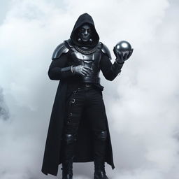 A DJ man dressed entirely in black, featuring futuristic armor, black pants, black boots, and a long black coat