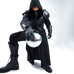 A DJ man dressed entirely in black, featuring futuristic armor, black pants, black boots, and a long black coat