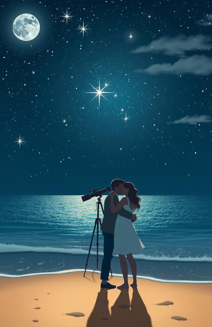 A romantic scene titled "Stardust & Seawater", depicting a stunning combination of bright stars twinkling in a clear night sky above a calm ocean