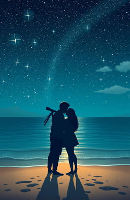 A romantic scene titled "Stardust & Seawater", depicting a stunning combination of bright stars twinkling in a clear night sky above a calm ocean