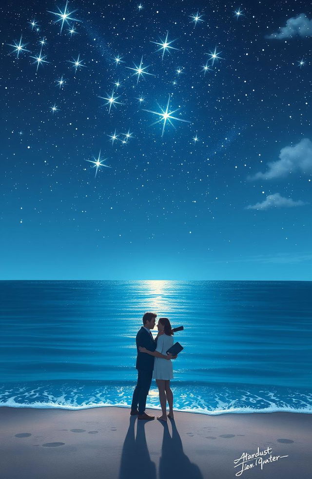 A romantic scene titled "Stardust & Seawater", depicting a stunning combination of bright stars twinkling in a clear night sky above a calm ocean