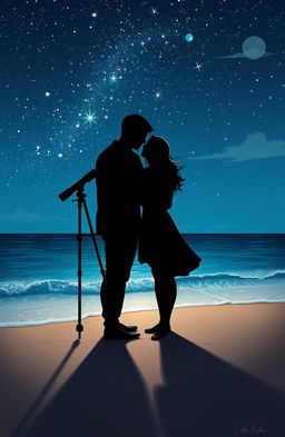 A romantic scene titled "Stardust & Seawater", depicting a stunning combination of bright stars twinkling in a clear night sky above a calm ocean