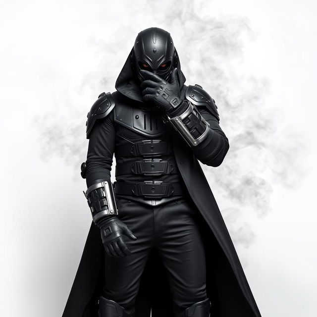 A DJ man dressed entirely in black, showcasing futuristic armor, black pants, black boots, and a long black coat