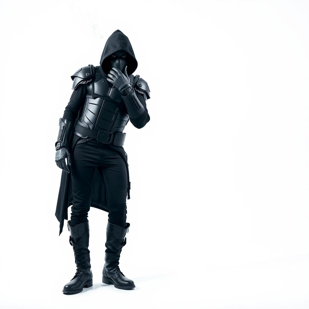 A DJ man dressed entirely in black, showcasing futuristic armor, black pants, black boots, and a long black coat